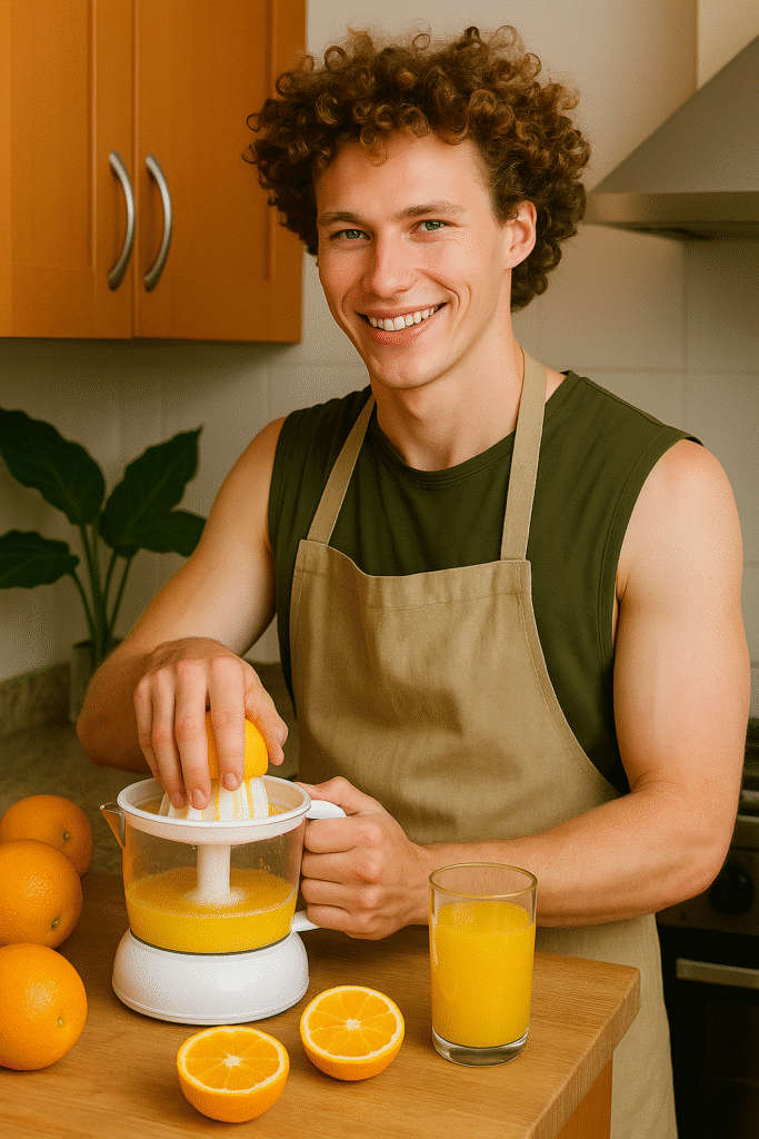Smiling man in apron juicing oranges in a kitchen